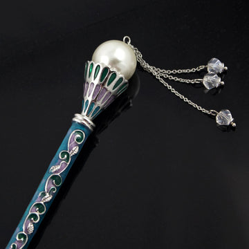 LUX Enamel Hair Stick with Pearl and Swarovski Crystal Tassels